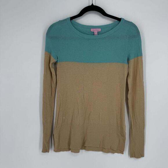 Lilly Pulitzer Sweater xs tan blue colorblock wool blend fall resortwear cruise - Picture 2 of 8
